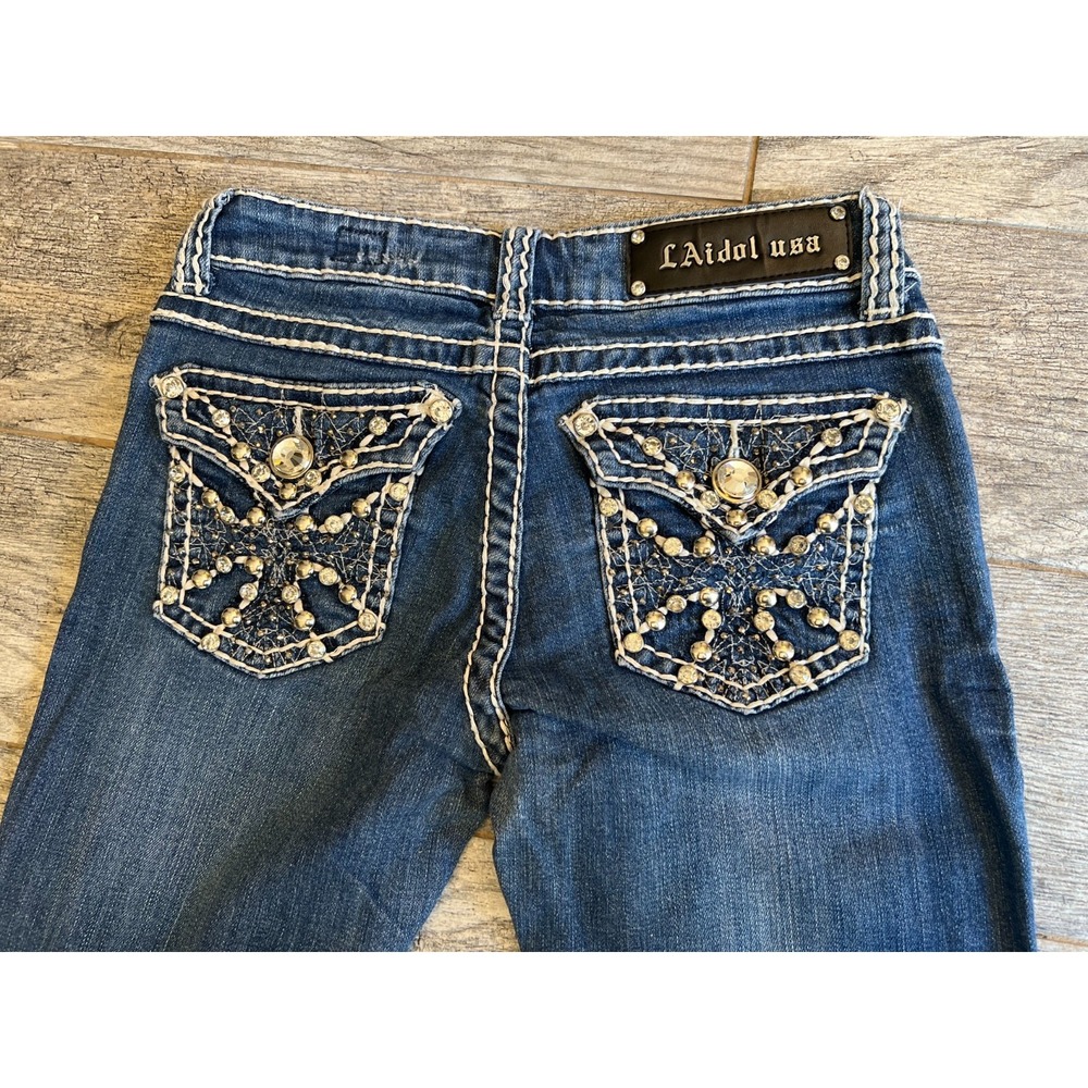 LA Idol‎ USA Capri Jeans size 5 W 29 L 18 29x18 Denim Jean Bling Flap Pockets
